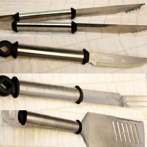 Deluxe BBQ Tool 5 pc Set Stainless Steel Metal Storage Diamond-Plate Store Carry - Picture 3 of 7